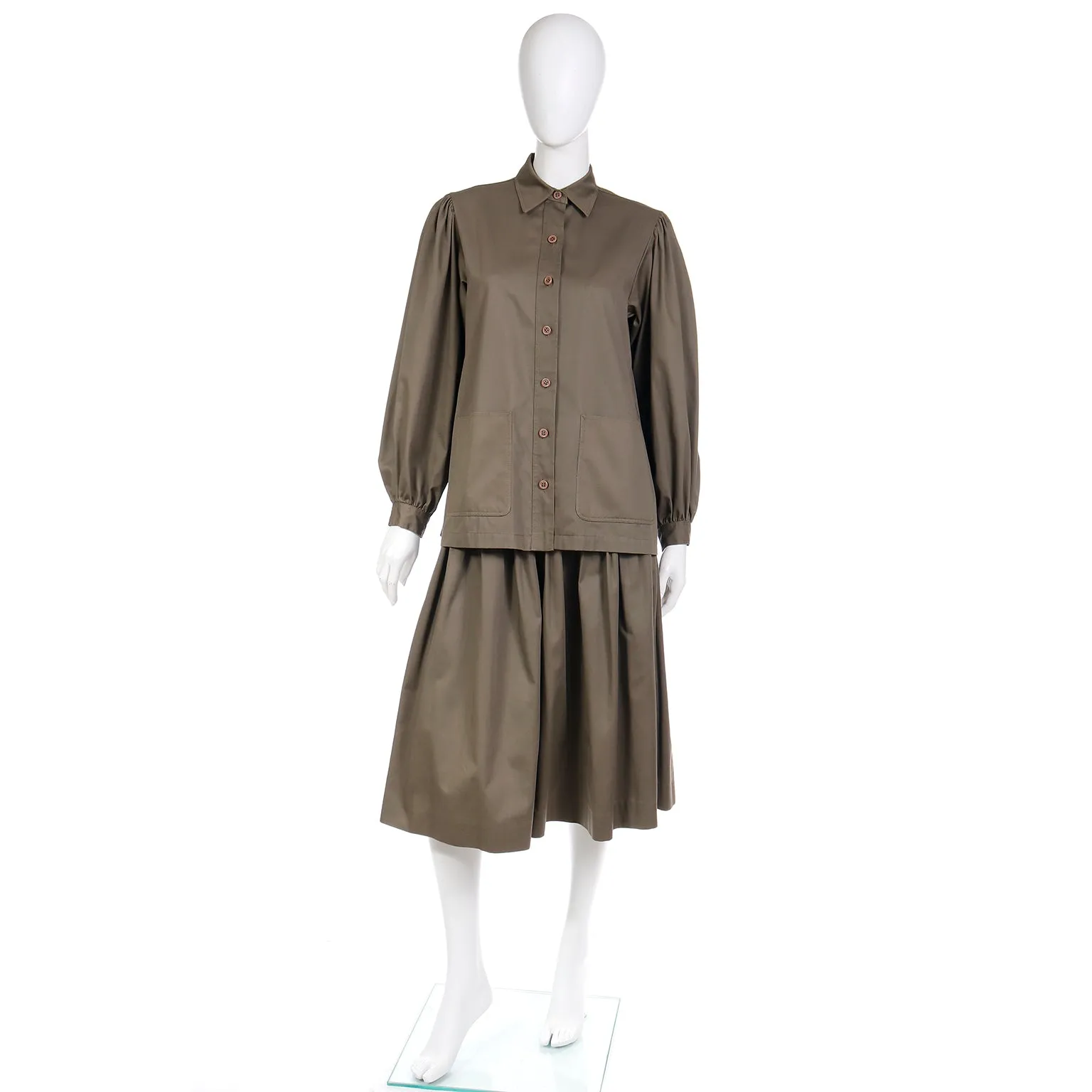 1983 Yves Saint Laurent Olive Khaki Skirt & Jacket Runway Ensemble