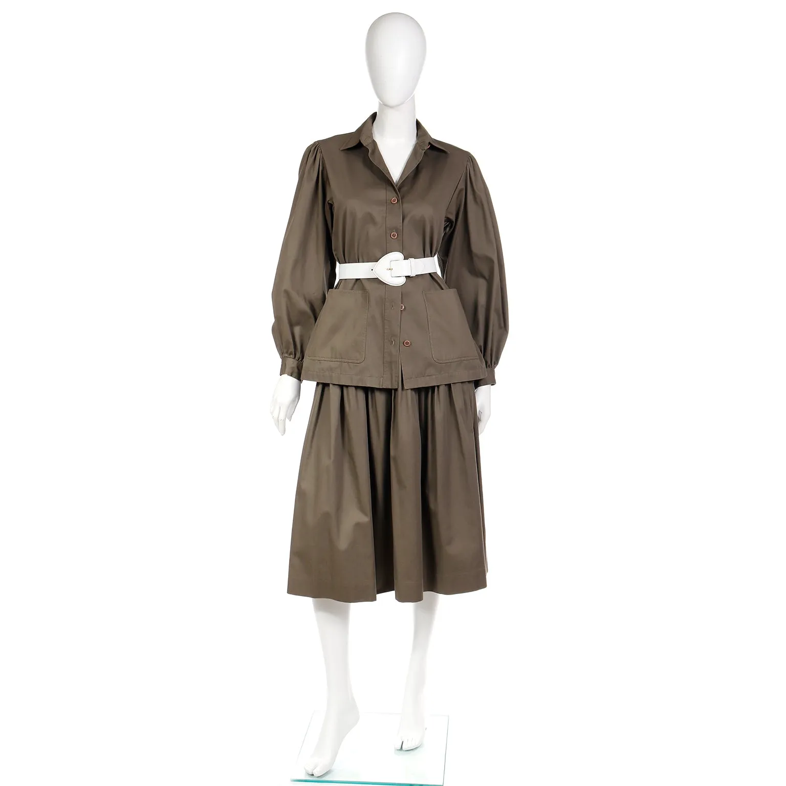 1983 Yves Saint Laurent Olive Khaki Skirt & Jacket Runway Ensemble