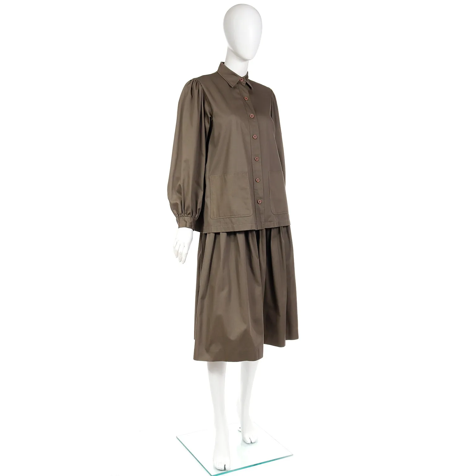 1983 Yves Saint Laurent Olive Khaki Skirt & Jacket Runway Ensemble