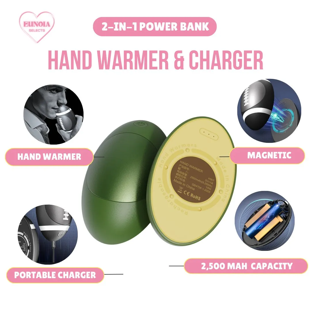 2-IN-1 Power Bank: Avocado/ Football  2,500 mAH Portable Charger, Hand Warmer