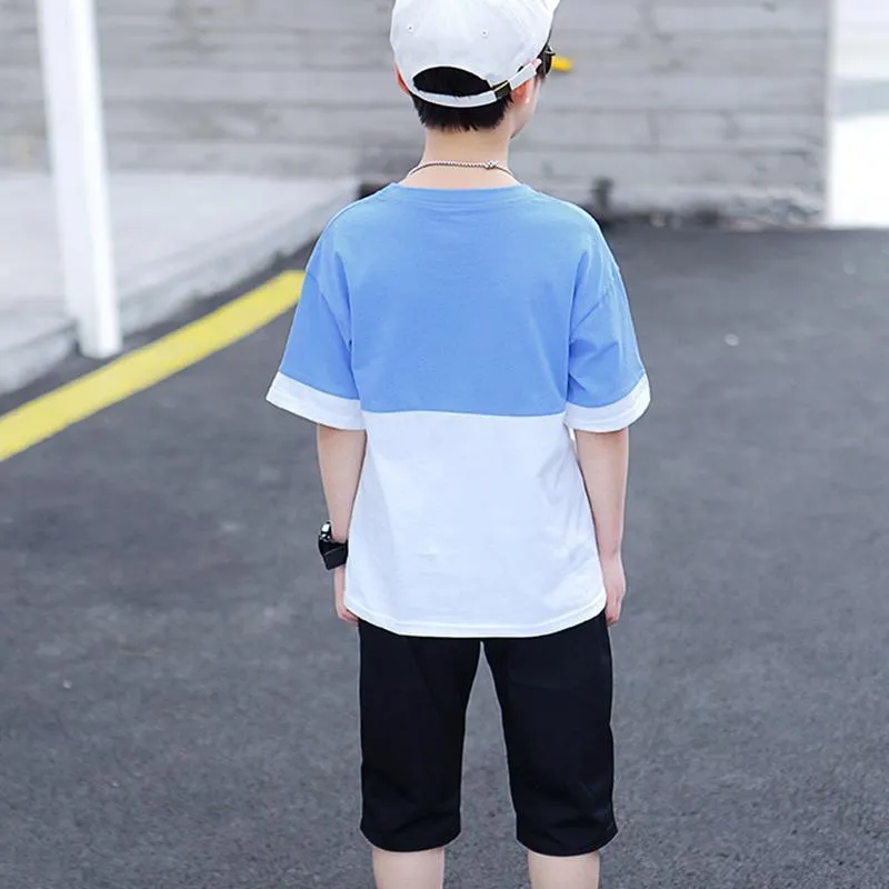 2-piece Color-block Letter Pattern T-shirt & Shorts for Boy