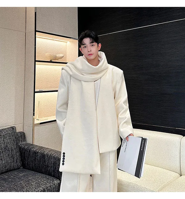 【24s Dec.】Heavy Woolen Collarless Suit, Scarf and Straight Pants Three-piece Suit