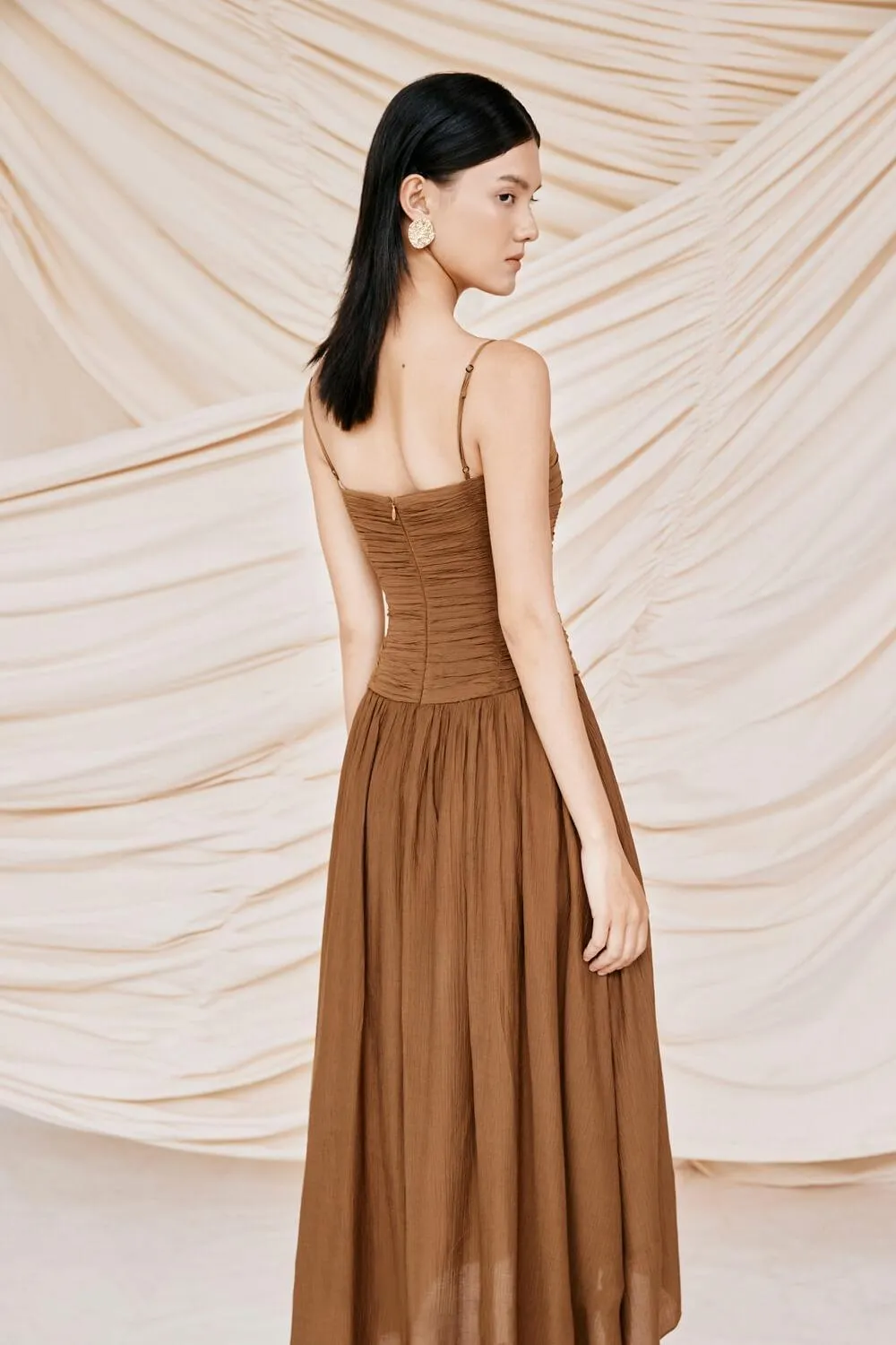 Acacia Gathered Cami Tussah Silk Midi Dress