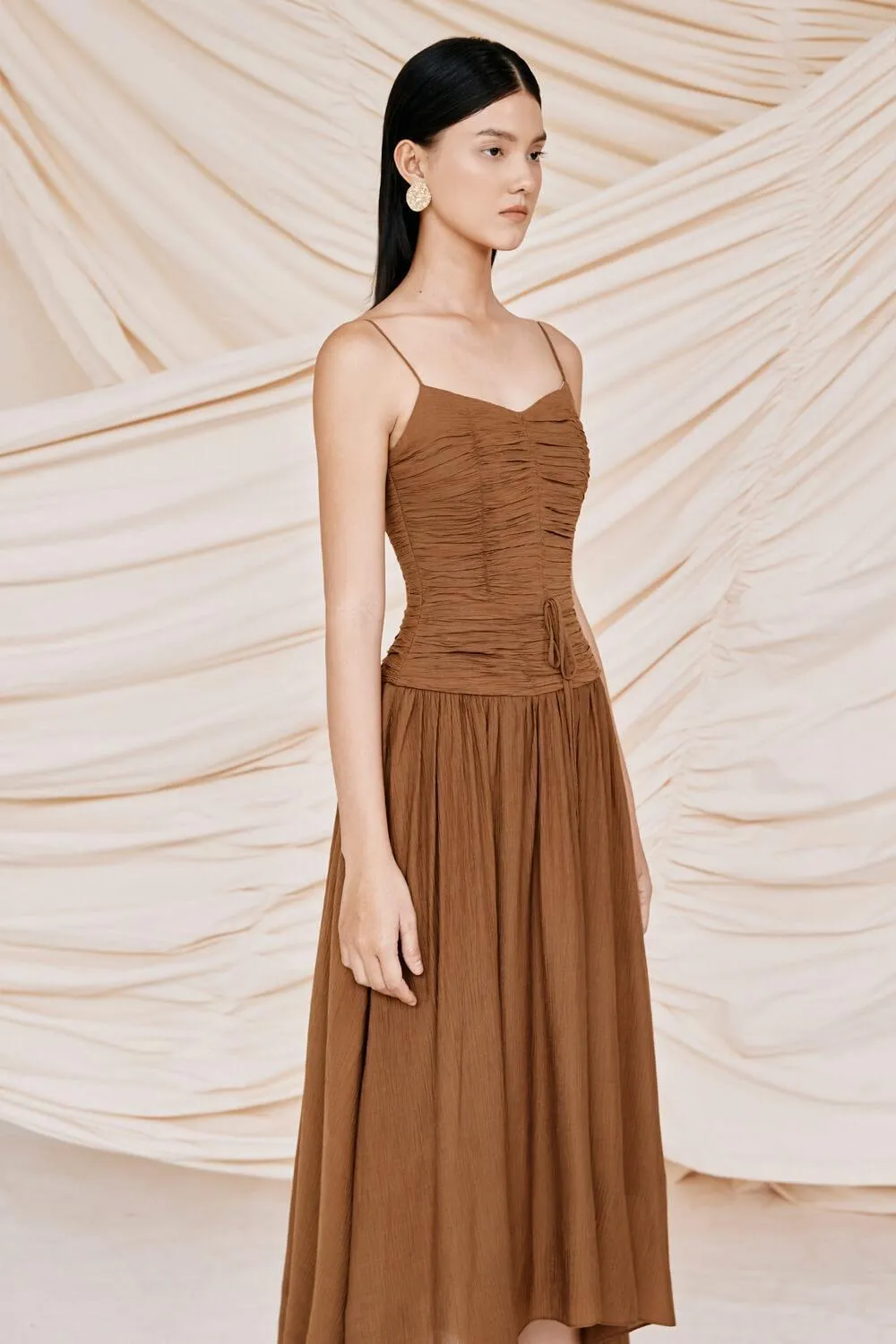 Acacia Gathered Cami Tussah Silk Midi Dress