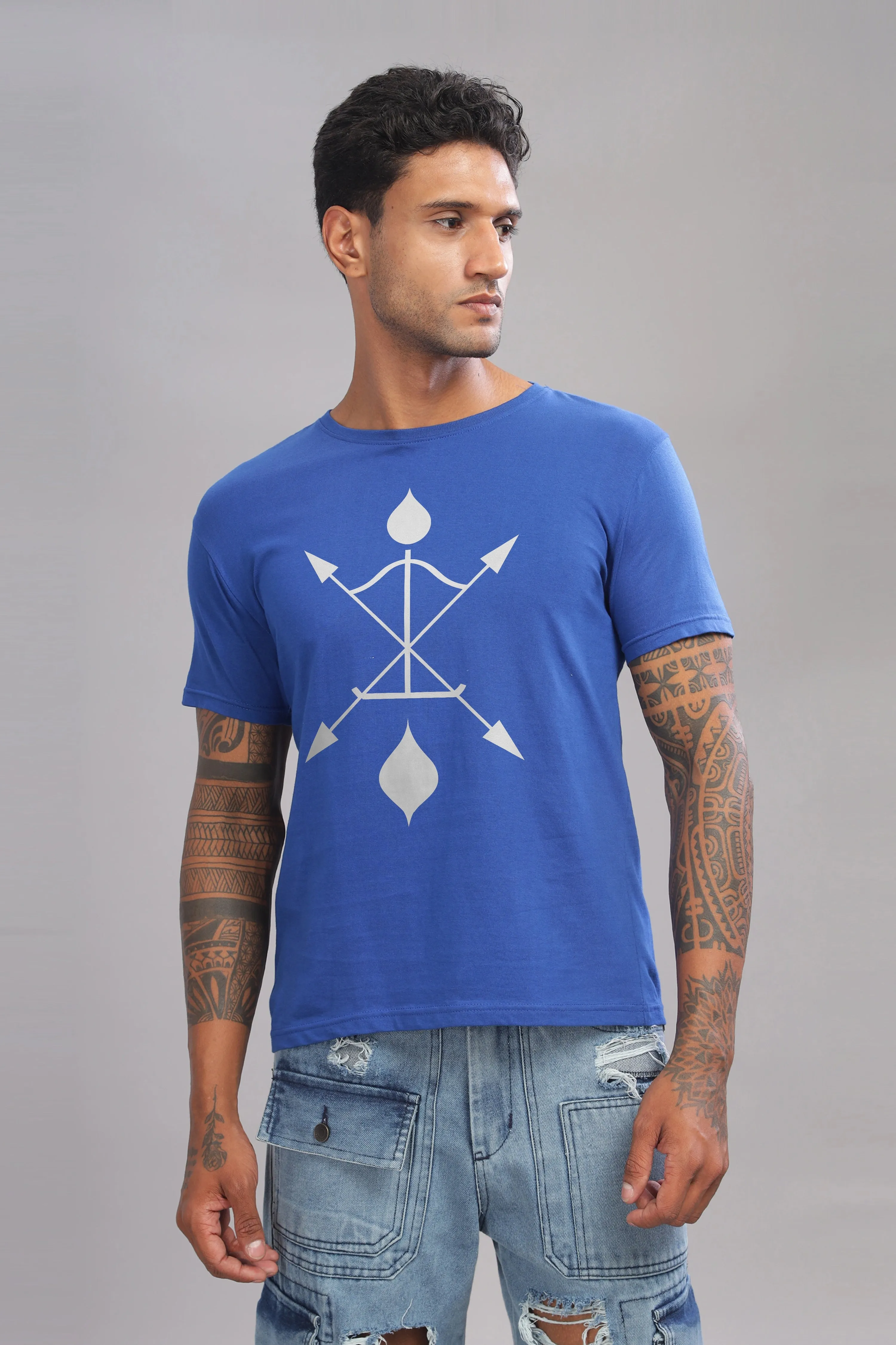 Arch and Aim - 100% Cotton Royal Blue Crewneck Half Sleeve Unisex T-shirt