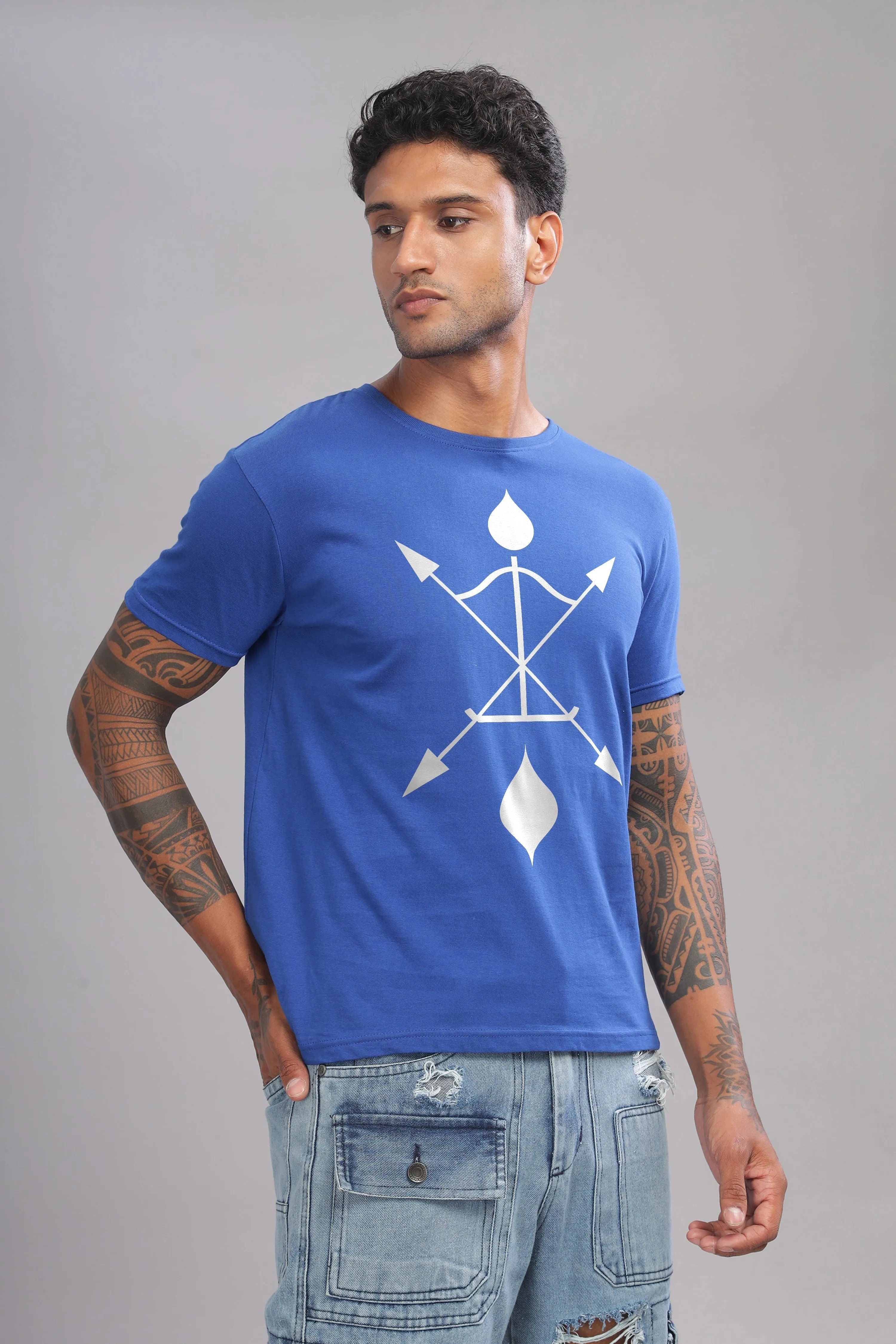 Arch and Aim - 100% Cotton Royal Blue Crewneck Half Sleeve Unisex T-shirt