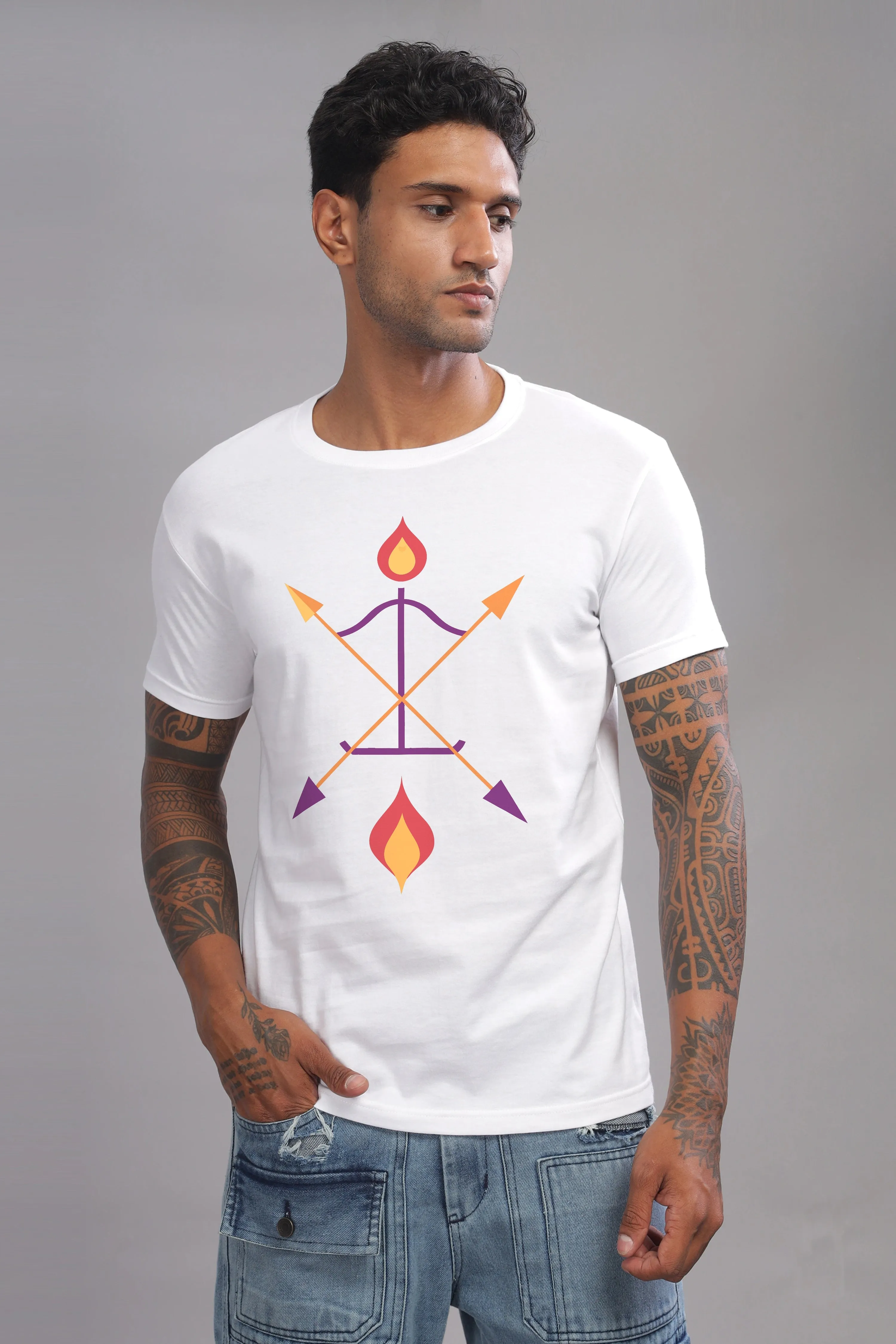 Arch and Aim - 100% Cotton White Crewneck Half Sleeve Unisex T-shirt