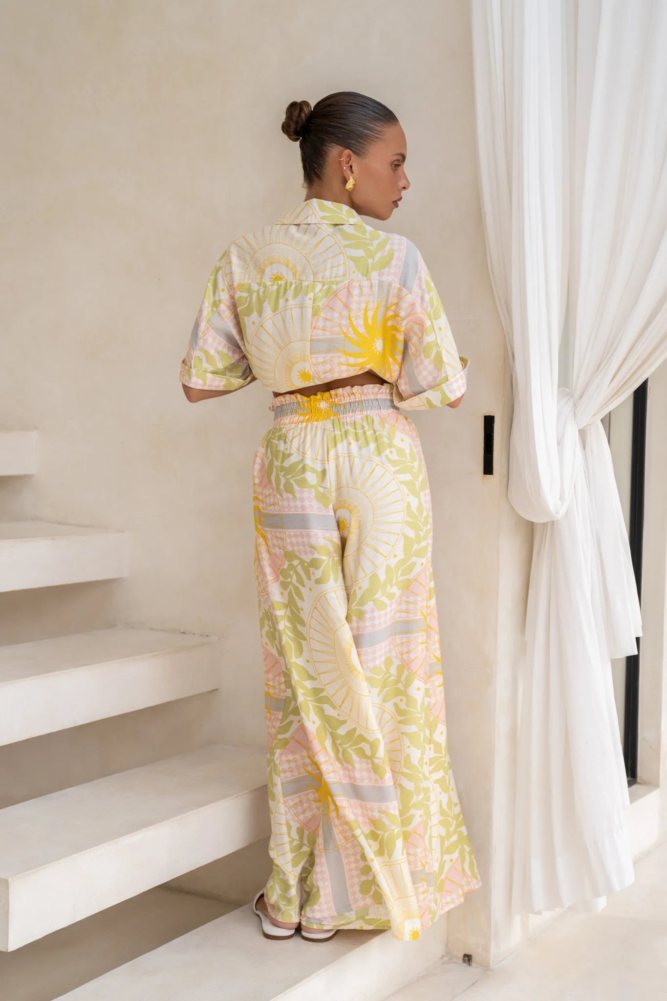 Aurea Yellow Pink Abstract Wide Leg Pants