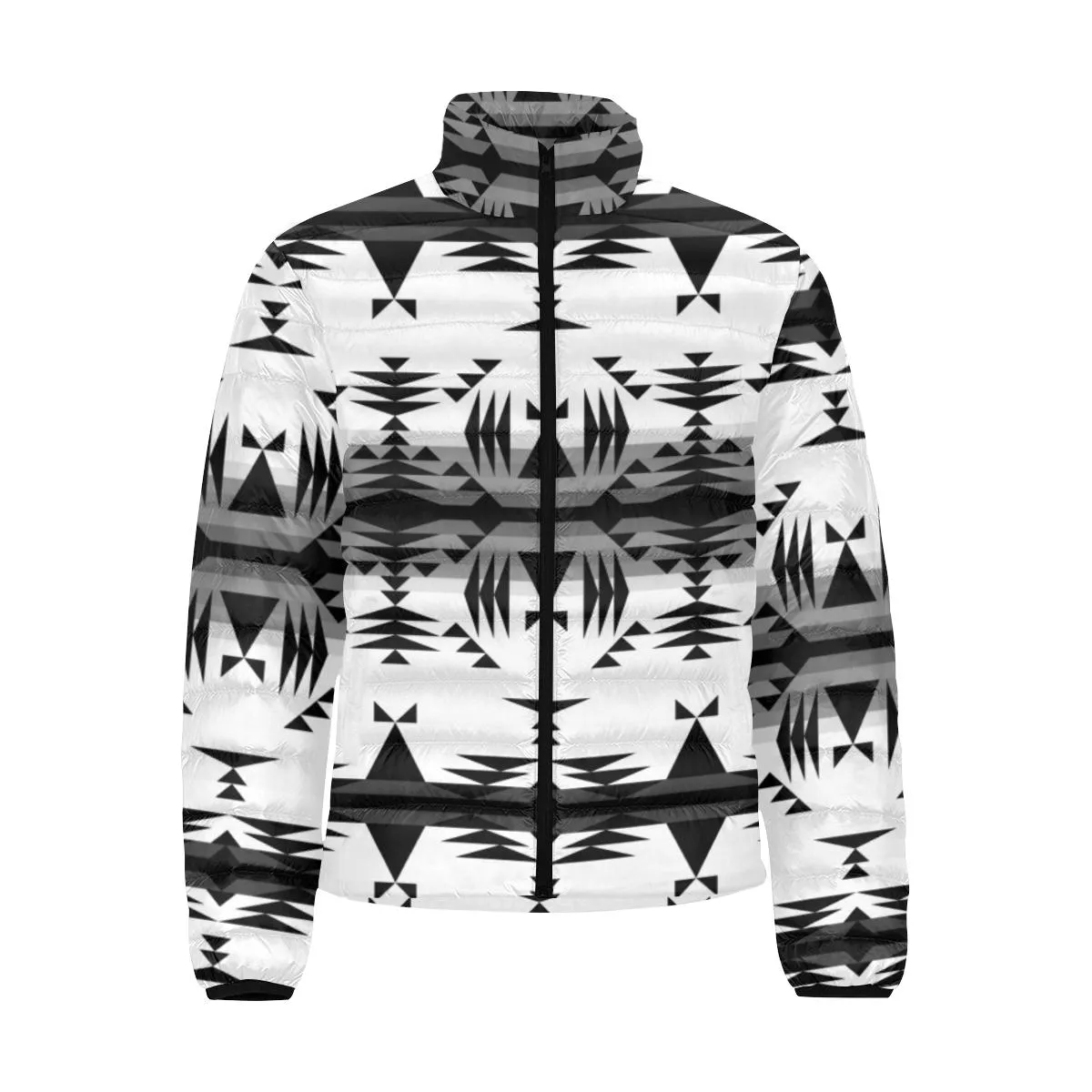 Between the Mountains White and Black Men's Stand Collar Padded Jacket