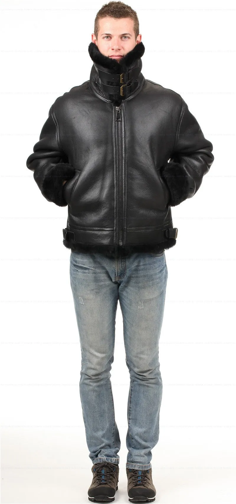 Black Genuine Leather Sherling Fur Aviation Polar Bomber Men/Women