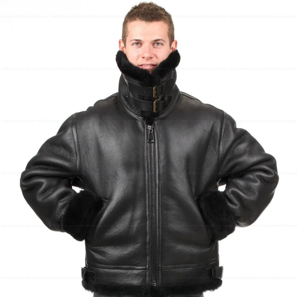 Black Genuine Leather Sherling Fur Aviation Polar Bomber Men/Women