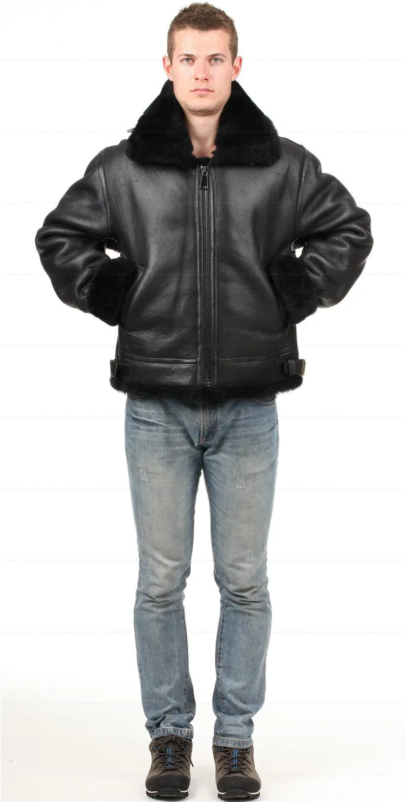 Black Genuine Leather Sherling Fur Aviation Polar Bomber Men/Women