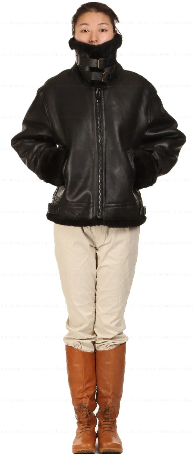 Black Genuine Leather Sherling Fur Aviation Polar Bomber Men/Women