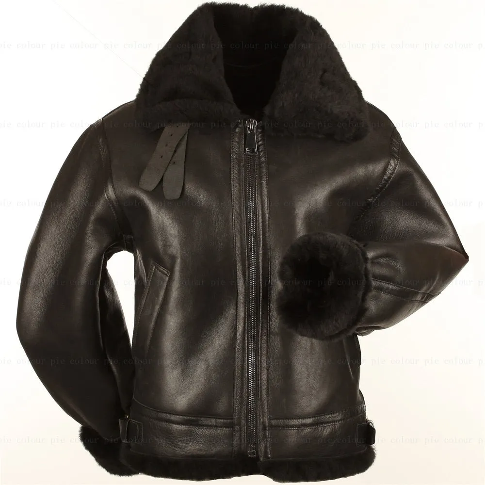 Black Genuine Leather Sherling Fur Aviation Polar Bomber Men/Women