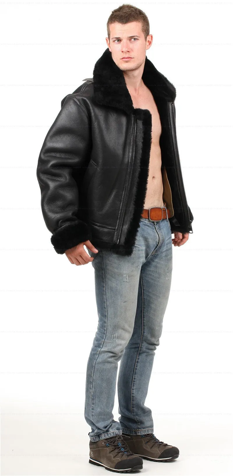 Black Genuine Leather Sherling Fur Aviation Polar Bomber Men/Women