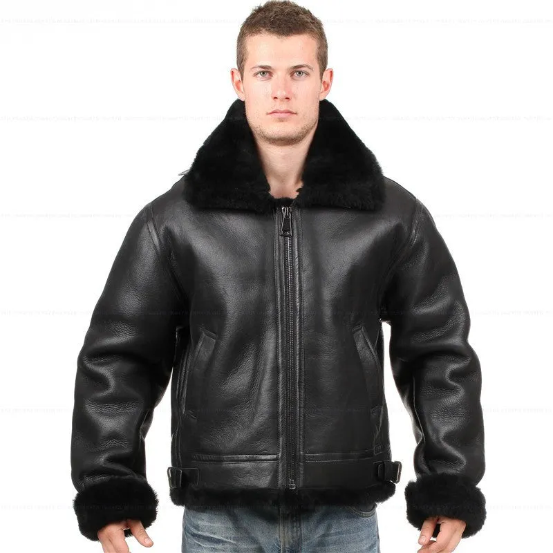 Black Genuine Leather Sherling Fur Aviation Polar Bomber Men/Women