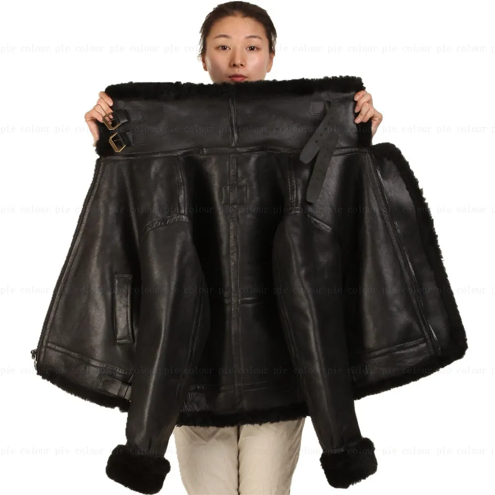 Black Genuine Leather Sherling Fur Aviation Polar Bomber Men/Women