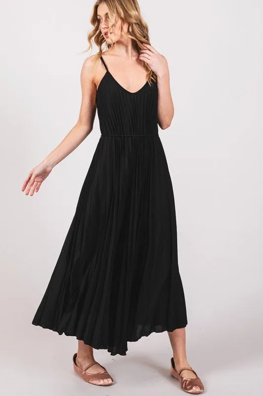 Black Pleated Camisole Midi Dress