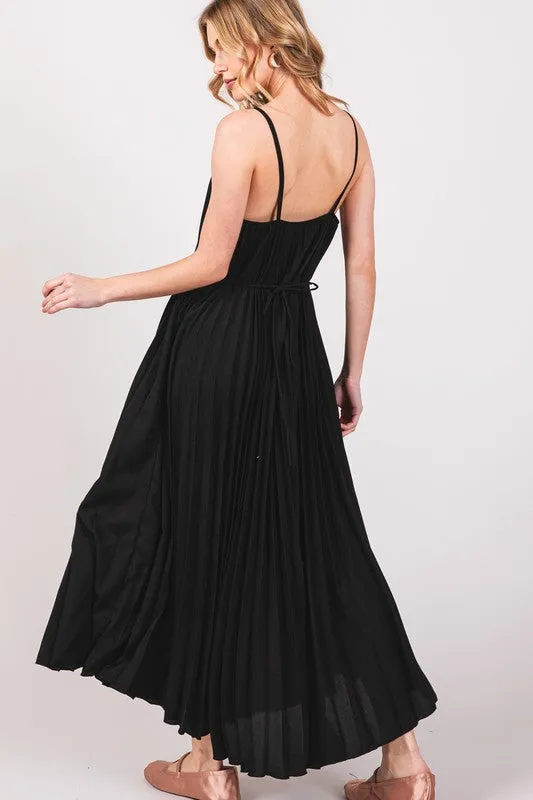 Black Pleated Camisole Midi Dress