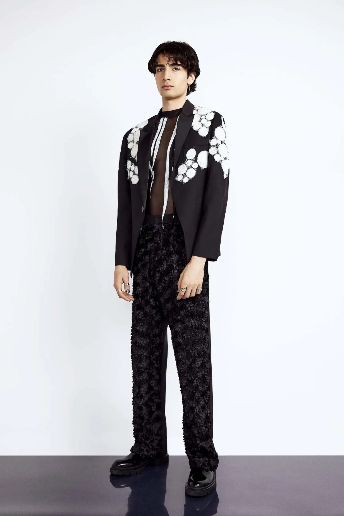 Black Tailored Blazer with White Silk Circle Appliqué