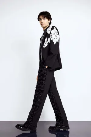 Black Tailored Blazer with White Silk Circle Appliqué