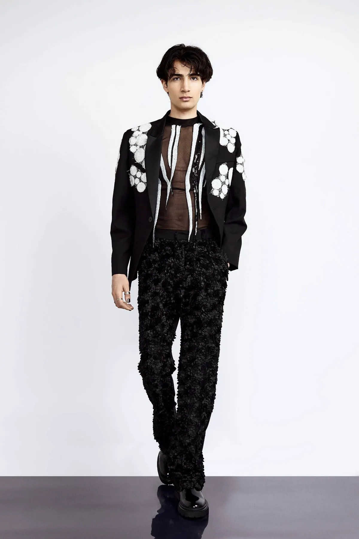 Black Tailored Blazer with White Silk Circle Appliqué