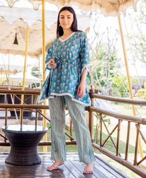 Blue Kaftan Style Top With Printed Trouser