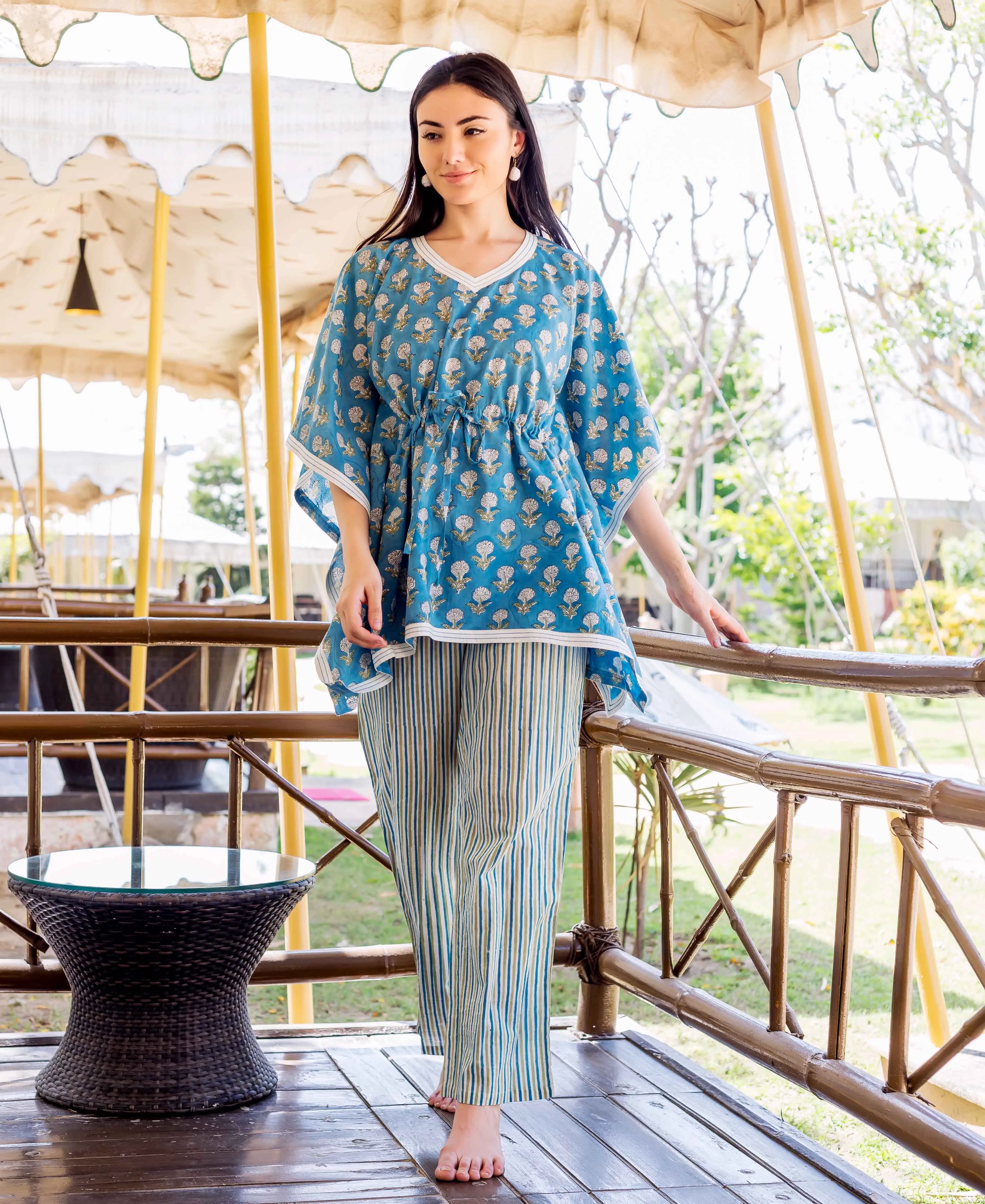 Blue Kaftan Style Top With Printed Trouser