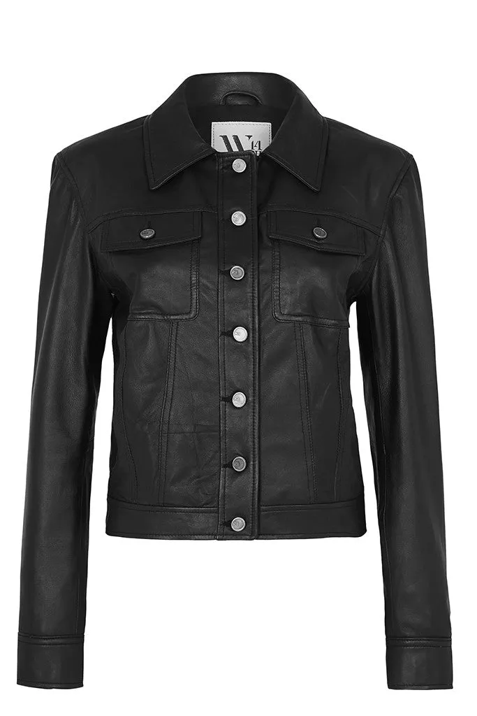 Brooklyn Denim Jacket in Black Leather - SAMPLE