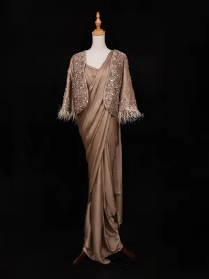 Brown Satin Ready to Wear Saree with Plain Body Paired with Designer Blouse and Overcoat