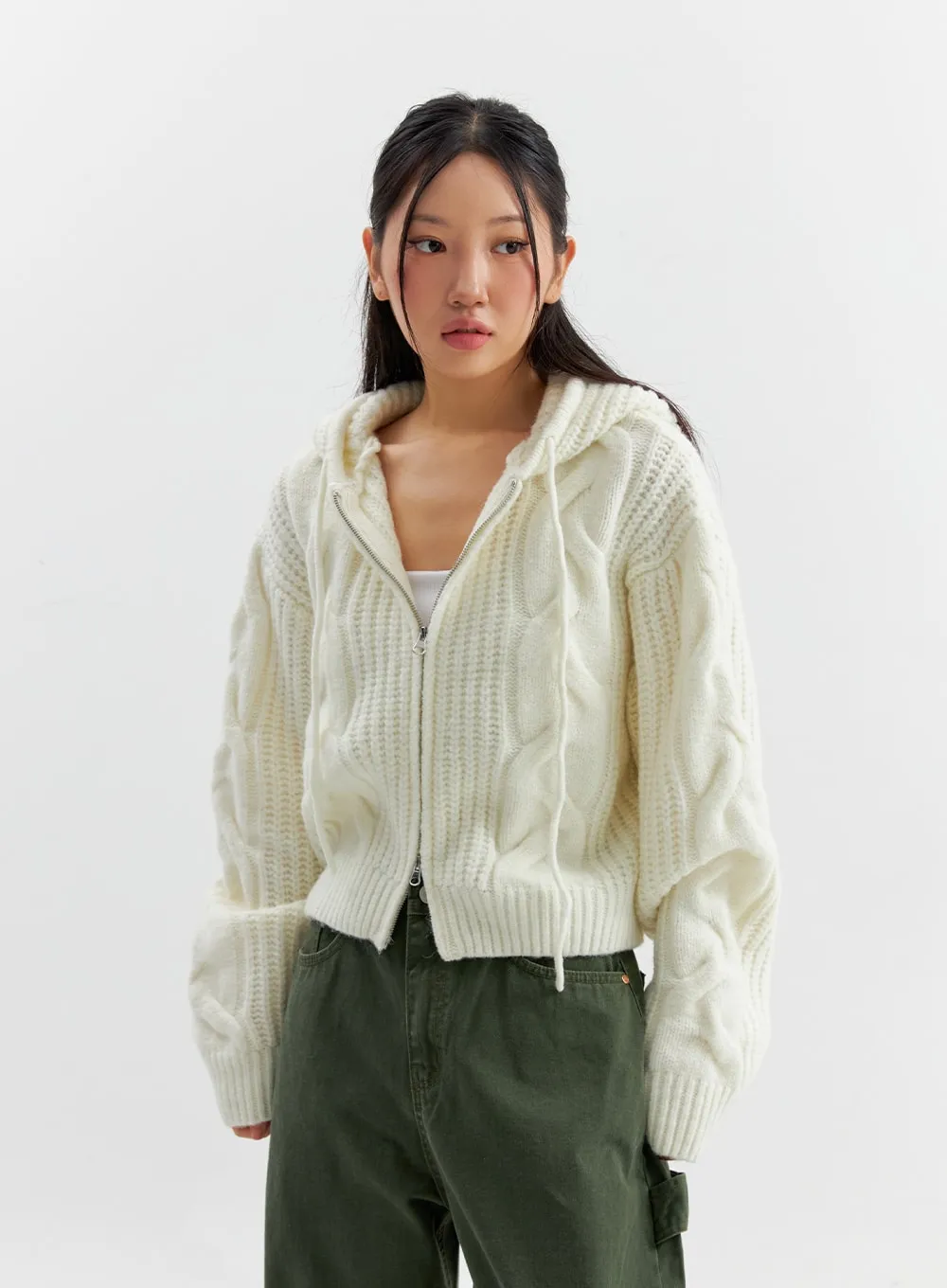 Cable Knit Hooded Zip Up Sweater CO306