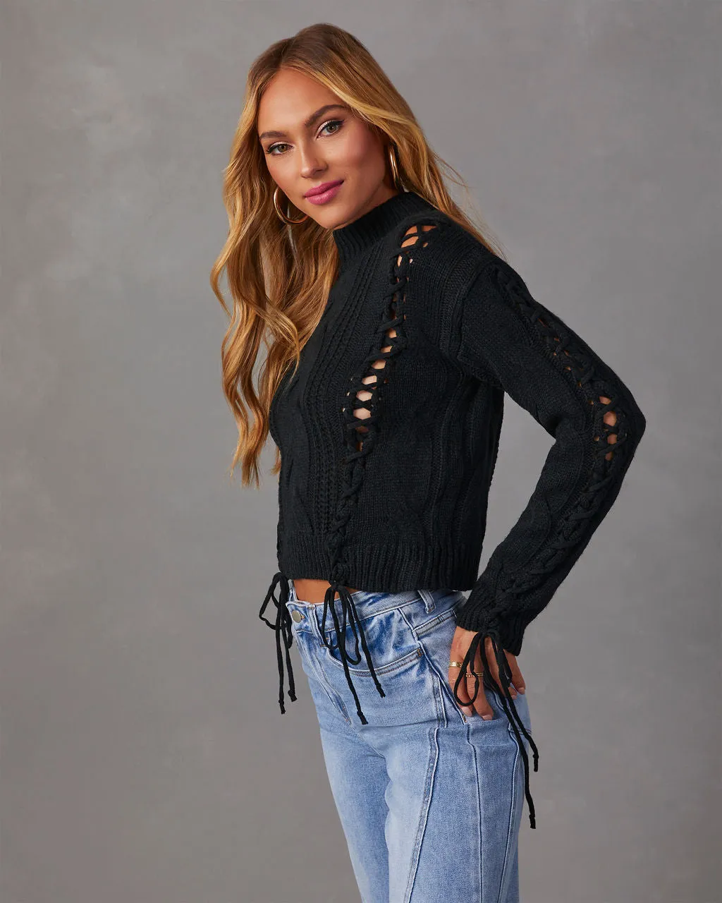 Camelia Mock Neck Lace Up Sweater