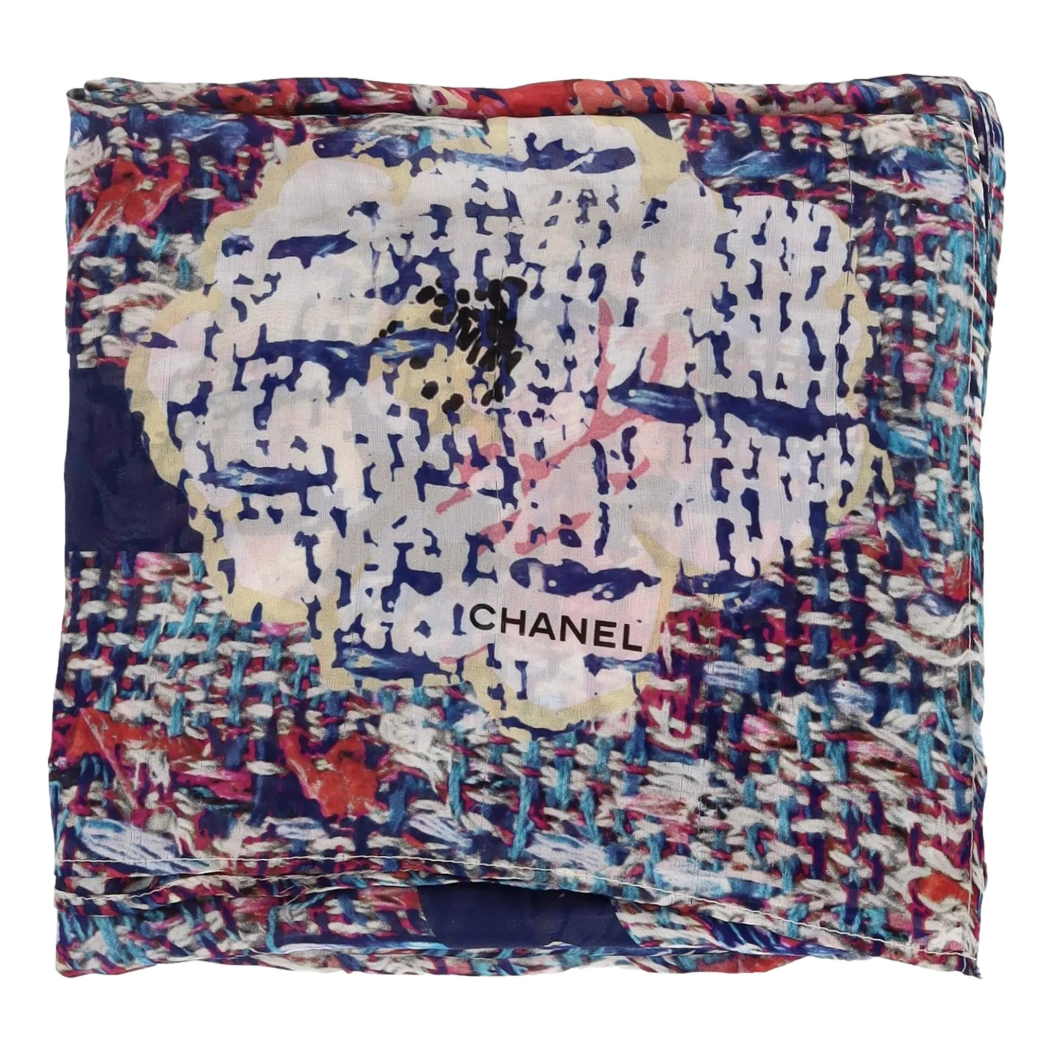 Chanel Camellia Flower & Tweed Print Silk Scarf