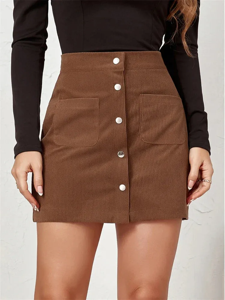 Corduroy Button Up Flare Skater Mini Skirt