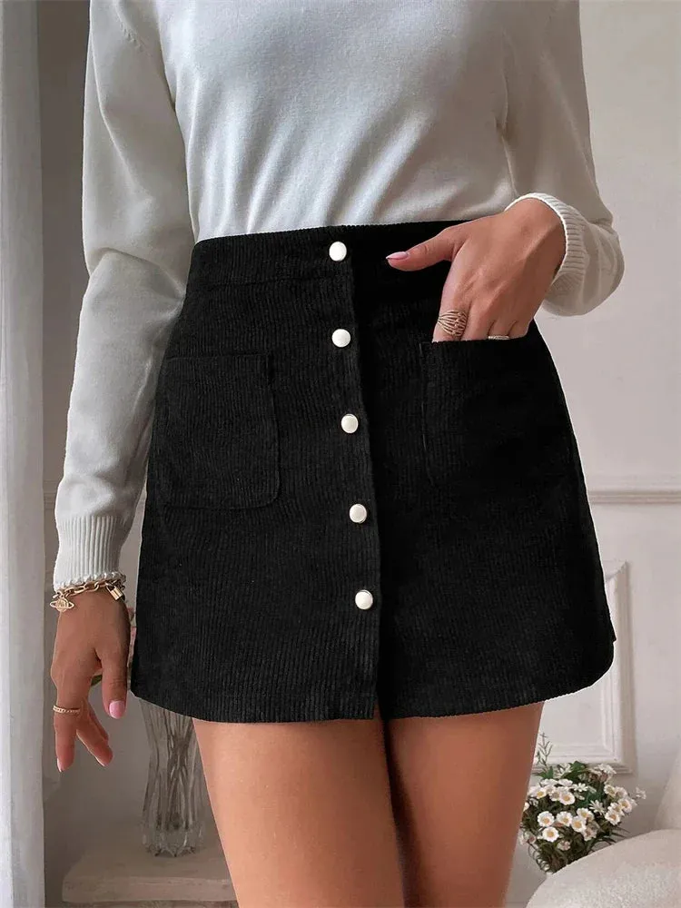 Corduroy Button Up Flare Skater Mini Skirt