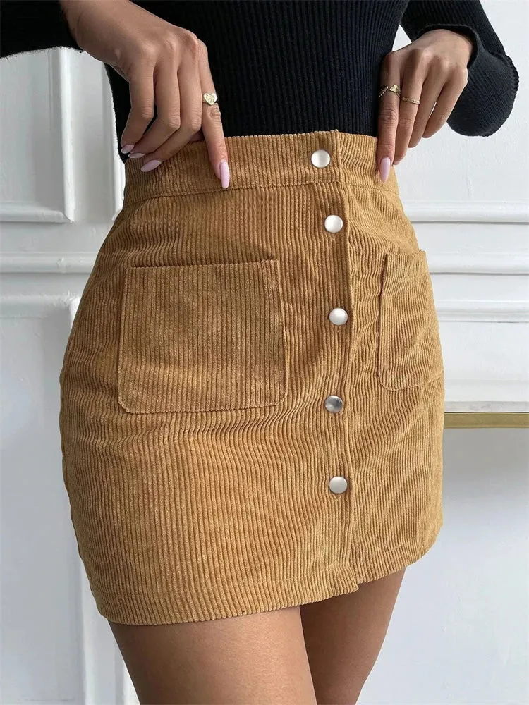 Corduroy Button Up Flare Skater Mini Skirt