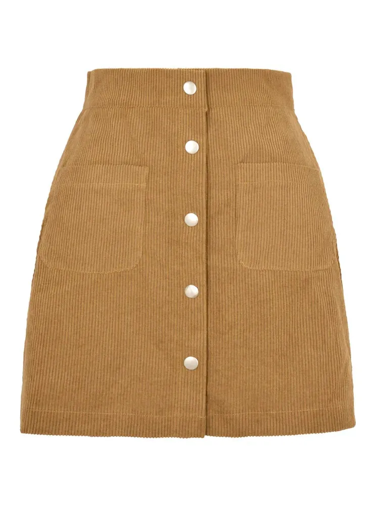 Corduroy Button Up Flare Skater Mini Skirt