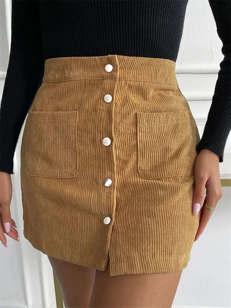 Corduroy Button Up Flare Skater Mini Skirt