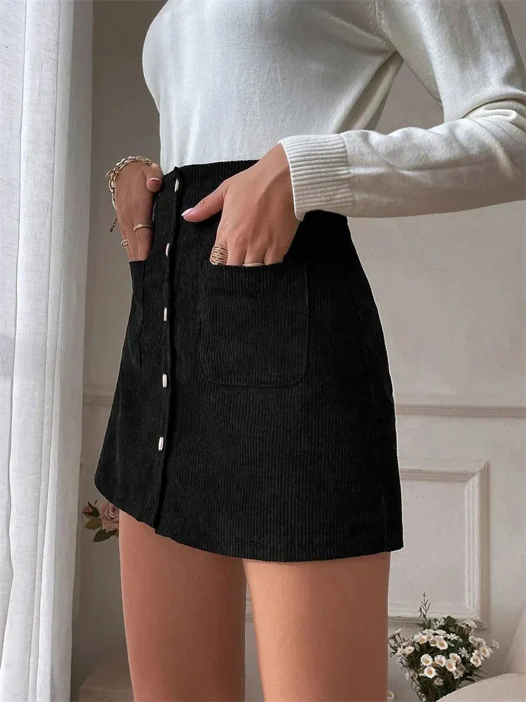 Corduroy Button Up Flare Skater Mini Skirt