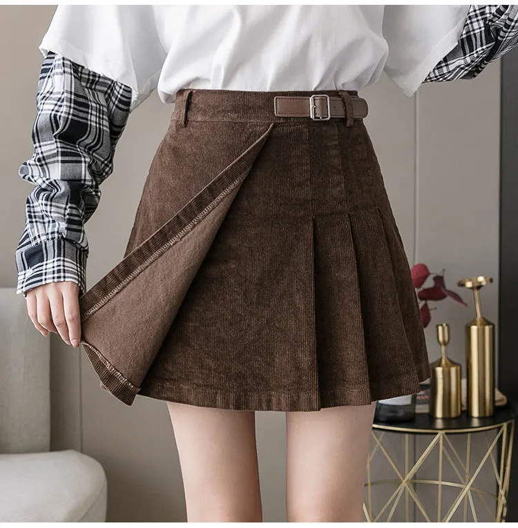 Corduroy pleated skirt A-line half skirt high waist slim fit irregular hem