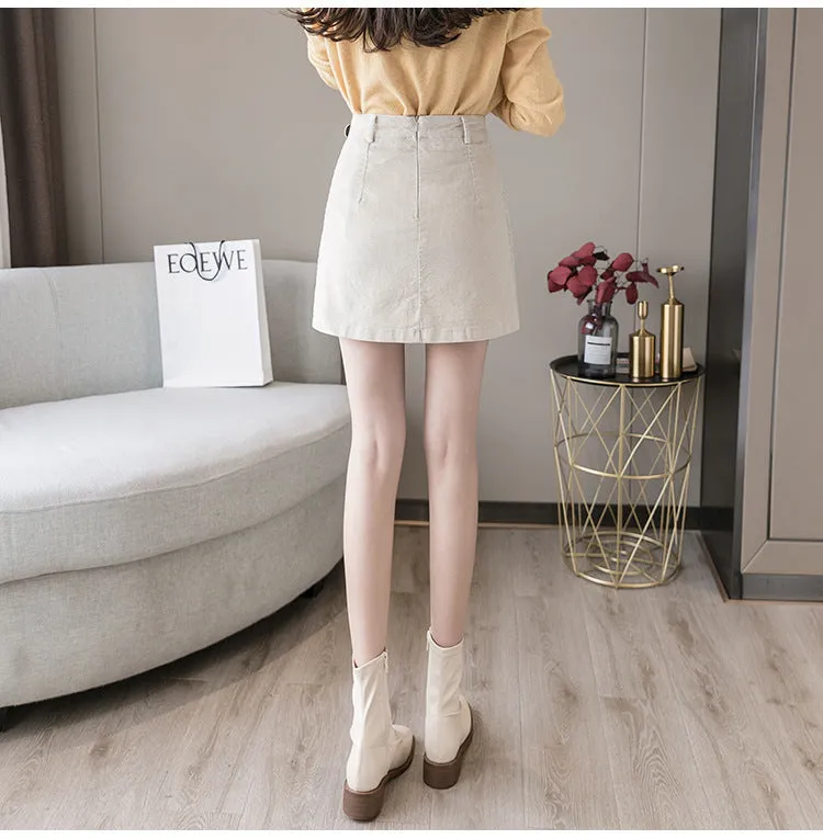 Corduroy pleated skirt A-line half skirt high waist slim fit irregular hem