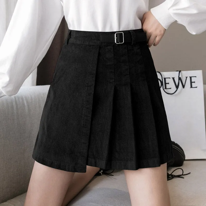 Corduroy pleated skirt A-line half skirt high waist slim fit irregular hem