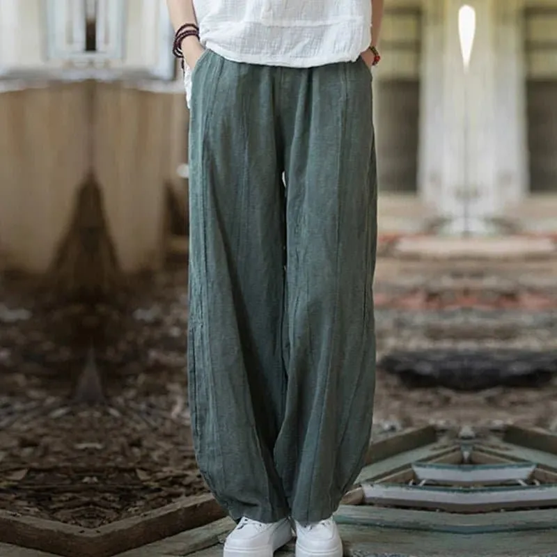 Cotton Linen Baggy Cargo Pants - Casual Loose Fit Twill Bloomers for Women