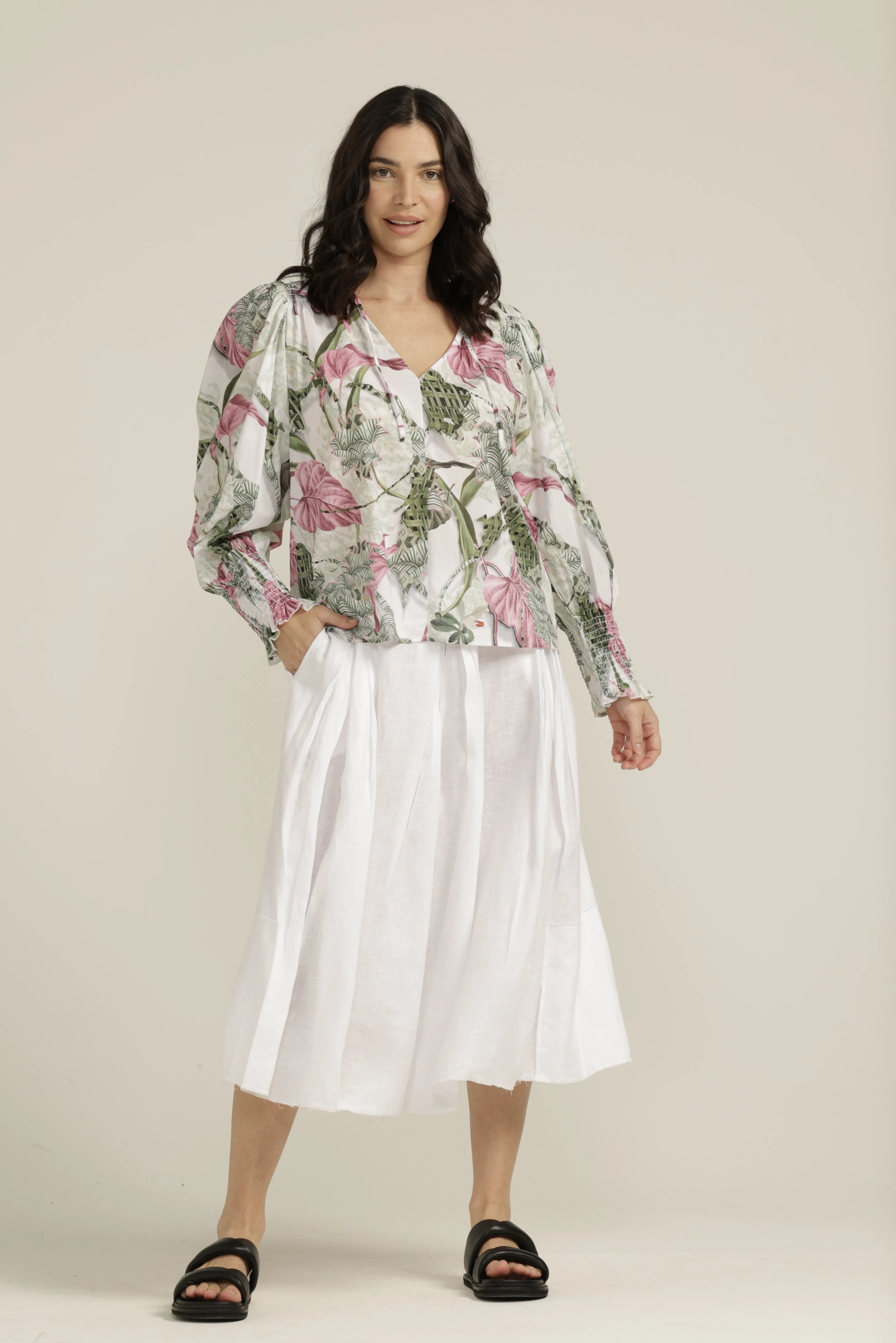 Cotton Palms Print Full Sleeve Blouse