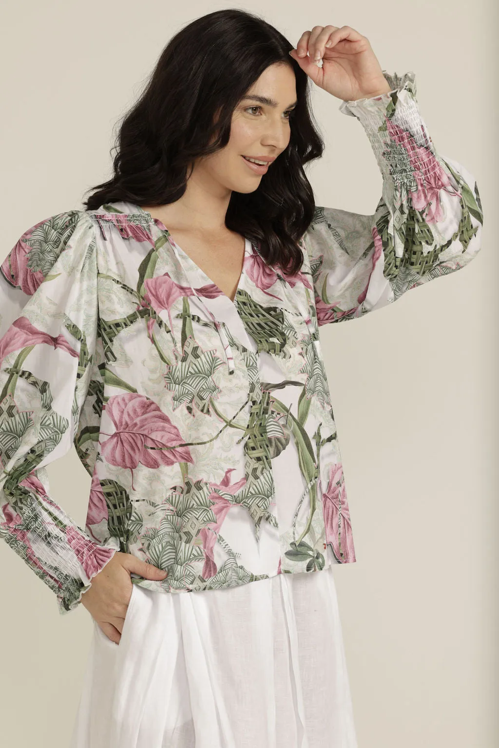 Cotton Palms Print Full Sleeve Blouse