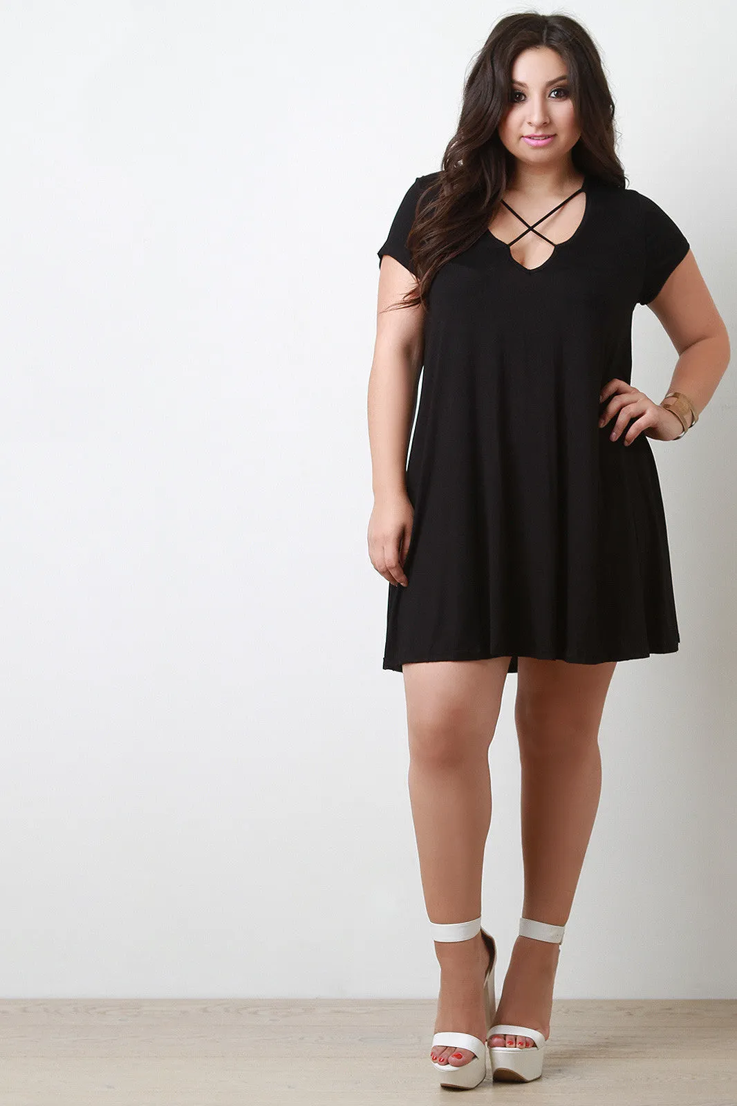 Cross Strap V Neck Tee Shirt Dress