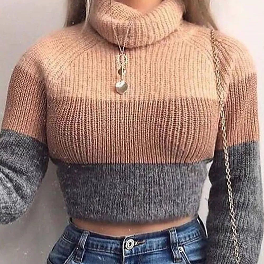 Cryptographic Fashion Women's Turtlenecks Sweaters Striped Long Sleeve Knitted Pullovers Females Jumpers Cropped Sweaters Fall