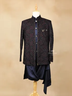 Dark Navy Blue Embroidery Indo-Western Sherwani Suit, with Pant and Brooch