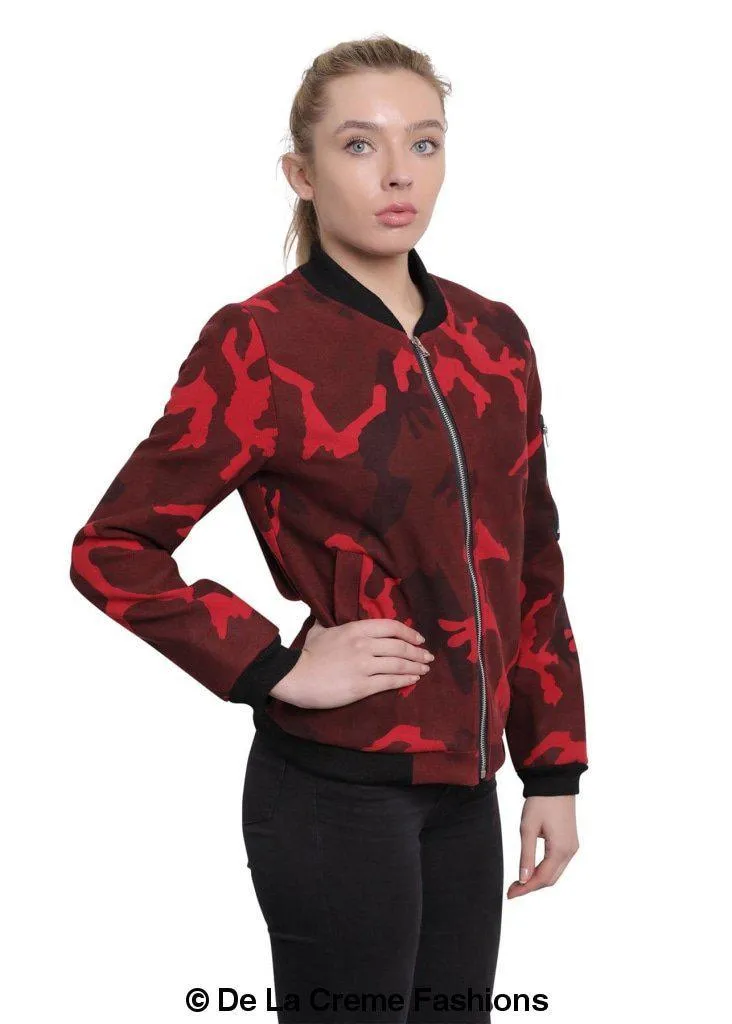 De La Creme - Womens Camo Zip-Thru Varsity Bomber Jacket