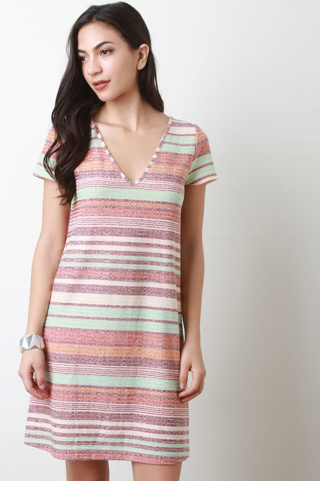 Deep V Striped Tee Shirt Dress